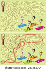 Yoga class maze for kids with a solution