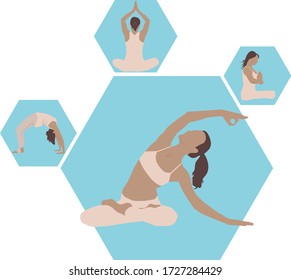 yoga class, meditation, blue background icons