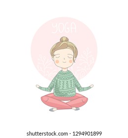 Yoga class and meditation concept. Girl sitting in a yoga lotus pose. Yoga practice illustration in a flat style. Calligraphy and hand drawn botanical ornament