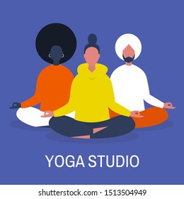 Yoga class. Mindfulness. Meditation. Group workout. Modern life of millennials. Flat editable vector illustration, clip art