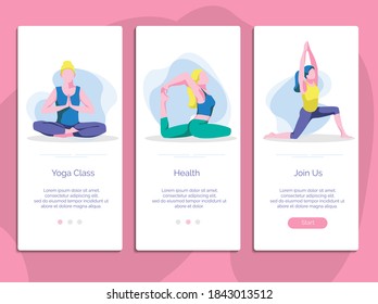 Yoga class onboarding mobile app page screen set. Women doing sports exercise in different poses website, web page template. Healthy lifestyle and fitness concept cartoon vector illustration