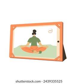 Yoga class online tablet. Fitness home workout application isolated on white background. Online training. Vector flat illustration.