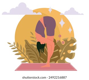 Yoga class outdoors. Woman against a background of sunset and leaves. Uttanasana position. Website design, articles, studios. Minimalistic vector illustration.