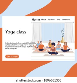 Yoga class page, retreat exercise fot group illustration. Harmony and wellness pose for body, yoga meditate exercise. Vector fitness and meditation relaxation