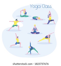 Yoga class with people doing sports. Young men and women demonstrating various asanas, yoga workout poses. Healthy lifestyle and fitness concept cartoon vector illustration