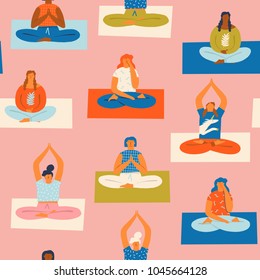 Yoga Class With People Meditating And Doing Breathing Exercise Seamless Pattern In Vector.