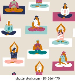 Yoga class with people meditating and doing breathing exercise seamless pattern in vector.