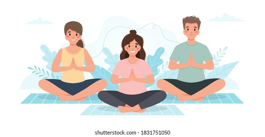 Yoga class. People practicing yoga together. Vector illustration in flat style