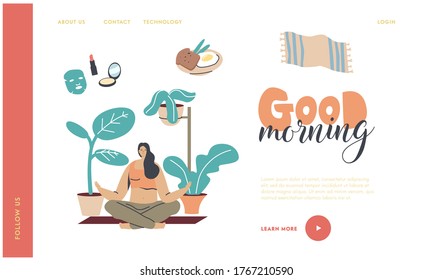 Yoga Class Practice, Healthy Lifestyle Landing Page Template. Young Woman Character Morning Meditation, Relaxation and Emotional Balance. Harmony with Nature and Mind. Linear Vector Illustration
