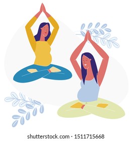 Yoga Class for Pregnant Flat Vector Illustration. Happy Expectant Women in Sportswear Cartoon Characters. Smiling Ladies Sitting in Lotus Pose, Meditating. Fitness, Health Care, Healthy Lifestyle