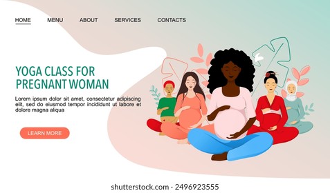 Yoga Class For Pregnant Woman landing page template with women sitting in lotus pose with different ethnicity