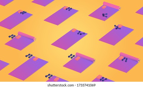 Yoga class settings, with yoga mats, yoga bricks and dumbbells on a floor. Yogalates, pilates studio, class isometric vector background 