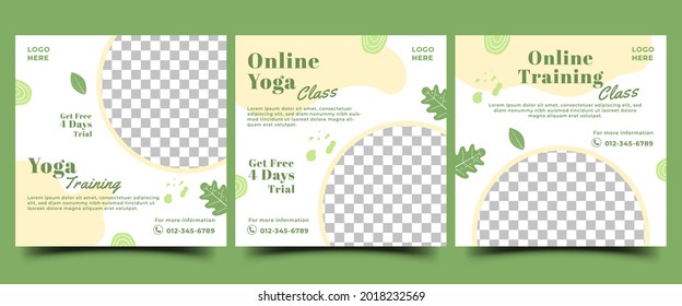 Yoga class social media post template. Natural banner concept design with green color ornament and place for the photo. Usable for promotion in social media, banner, and website.