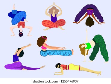 Yoga class, sports exercises, girls and women meditate and practice yoga in various poses. Vector illustration, set of isolated images.