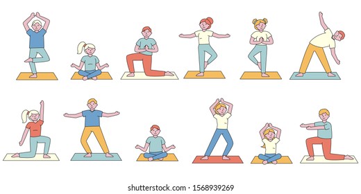 Yoga class students flat charers set. People pricing different asanas cartoon illustrations pack. Body stretching. Yogi meditating in lotus pose. Sportsmen training flexibility and balance.