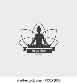 Yoga Class Symbol. Design logo with a girl sitting in lotus position. This badge template can be used for social network and web advertising or brand promotion.