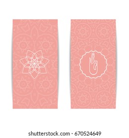 Yoga class template. Set of vertical pink flyers with chakra and mandala symbols. Design for yoga class, studio, spa, center, classes, magazine, invitation, gift certificate and presentation
