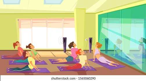 Yoga class training flat illustration. Female cartoon characters gym workout composition. Pilates trainer showing muscles stretching and relaxing exercising. Modern leisure activity, healthy lifestyle