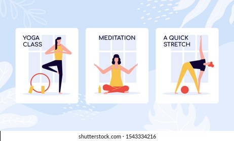 Yoga class training vector colorful banner template. Cartoon woman doing pilates, practicing asana. Girl meditation in lotus pose. Physical exercises for quick muscles stretch minimalist posters set