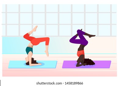 Yoga class. Two slim girls stand asana upside down. The female characters are training in the Studio. Balance pose for meditation and stretching. Workout and pilates in gym. Vector illustration.