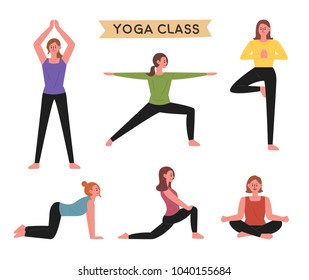 yoga class various poses. hand drawing style vector illustration flat design