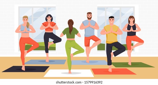 Yoga class vector flat cartoon illustration. Young women and men practicing yoga exercise and meditation with instructor in modern studio. Concept of active healthy lifestyle.