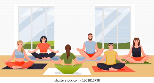 Yoga class vector flat cartoon illustration. People are sitting in lotus position on floor. Young women and men practicing yoga exercise and meditation with instructor in modern studio