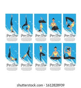 Yoga class vertical flyers in flat style. Attractive girl in sportswear practicing yoga. Healthy lifestyle, calmness and meditation vector illustration. Harmonize yourself at studio layout.