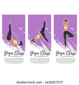 Yoga class vertical flyers in flat style. Attractive girl in sportswear practicing yoga. Healthy lifestyle, calmness and meditation vector illustration. Harmonize yourself at studio layout.