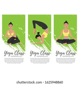 Yoga class vertical flyers in flat style. Attractive girl in sportswear practicing yoga. Healthy lifestyle, calmness and meditation vector illustration. Harmonize yourself at studio layout.