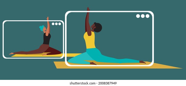 Yoga class via the Internet, copy space template. Flat vector stock illustration. People with yoga asana online. Educational gadget. Online classes. Activity of women. Isolated illustration