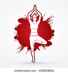 Yoga Class, A woman practice yoga designed on splatter blood background  graphic vector.