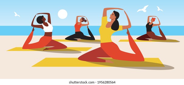 Yoga class, women sun salutation. Flat vector stock illustration. At dawn, people do yoga asanas by the sea. Multicultural women doing yoga asanas. Meditation in nature. Vector graphics