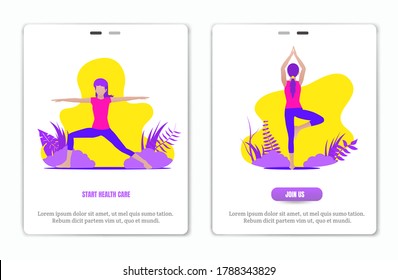 Yoga classes, banner for webpage templates, women practicing yoga postures, flat design ideas