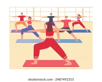 Yoga classes with the community, exercise and calm the soul. Character design. Vector flat illustration