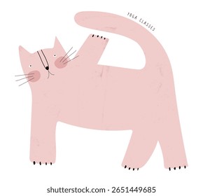 Aulas de Yoga. Engraçado gatinho gordo rosa fazendo Yoga. Mão Infantil Desenhou Ilustração Vetorial De Gato Rosa Feliz Em Um Fundo Branco. Decoração De Quarto De Crianças. Imprimir Para Amantes De Gatos E Ioga. RGB