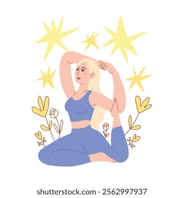 In yoga classes, a girl practices poses to develop flexibility and awareness. In the vector illustration, she is depicted in a sitting position, strengthening her health