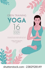 Yoga classes. Girl sitting in lotus position. Advertising flyer, poster template.