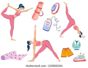 Yoga classes. Girls do yoga in different poses. Sport equipment, gym accessory, Yoga mat, sportswear, fitness bracelet and player.  Workout stuff bundle. Flat vector illustration