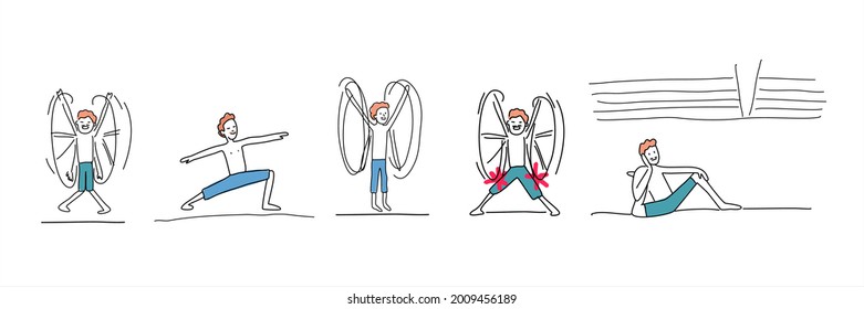 Yoga classes, hand rotation. Vector illustration. Pose in yoga. Asana theme. Engaging in an active type of training. Cross fit.