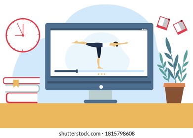 Clases de yoga en casa. El entrenador imparte clases en línea. Aprendizaje interactivo. Ilustración vectorial en estilo plano.