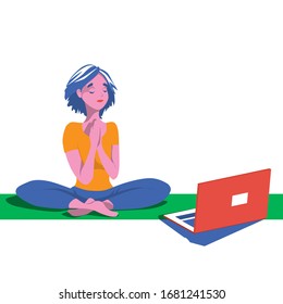 Yoga classes at home. Cute character girl goes in for sports remotely over the internet. A woman is watching a set of exercises online. Vector illustration