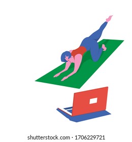 Yoga classes at home. Cute character girl goes in for sports remotely over the internet. A woman is watching a set of exercises online. Vector illustration