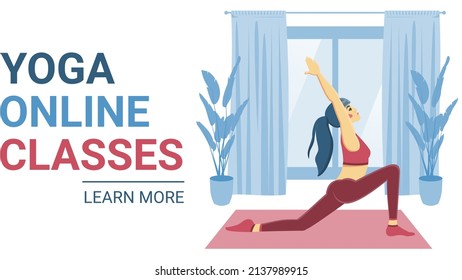 Yoga classes at home during quarantine. Online sports lessons. Distance stretching or pilates courses. Vector illustration with a young girl doing exercises in her living room. Landing page template