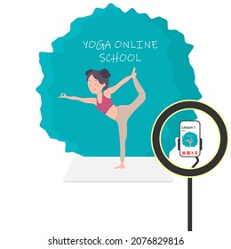 Yoga classes at home online. A cute girl leads a live broadcast of yoga lessons in an online yoga studio school. Yoga training via the Internet. Vector illustration.