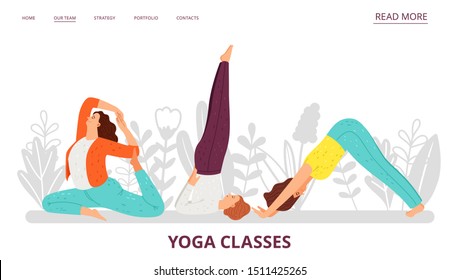 Yoga classes landing page. Women doing yoga exercises. Vector sport girls characters