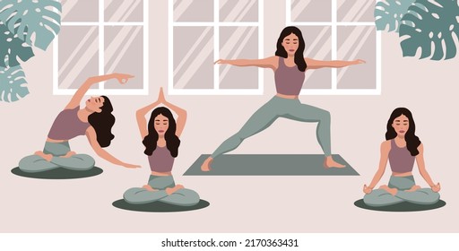 Clases de yoga, casa de Meditate. Vector.