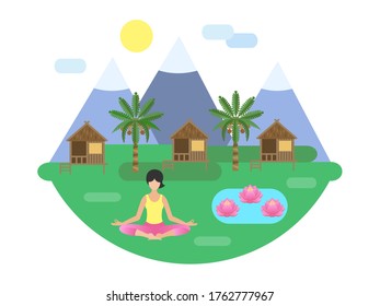 Yoga classes in nature concept vector illustration. Girl practices yoga in nature in Asia.