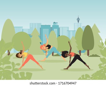 Yoga classes in nature, women do exercises, lead wholesome, healthy lifestyle, design, cartoon style vector illustration. Joyful girls different nationalities go in for sports outdoor doing exercises.