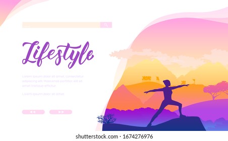 Yoga classes on the background of magnificent natural landscapes. A person meditates in the open air. Vector illustration design concept. 